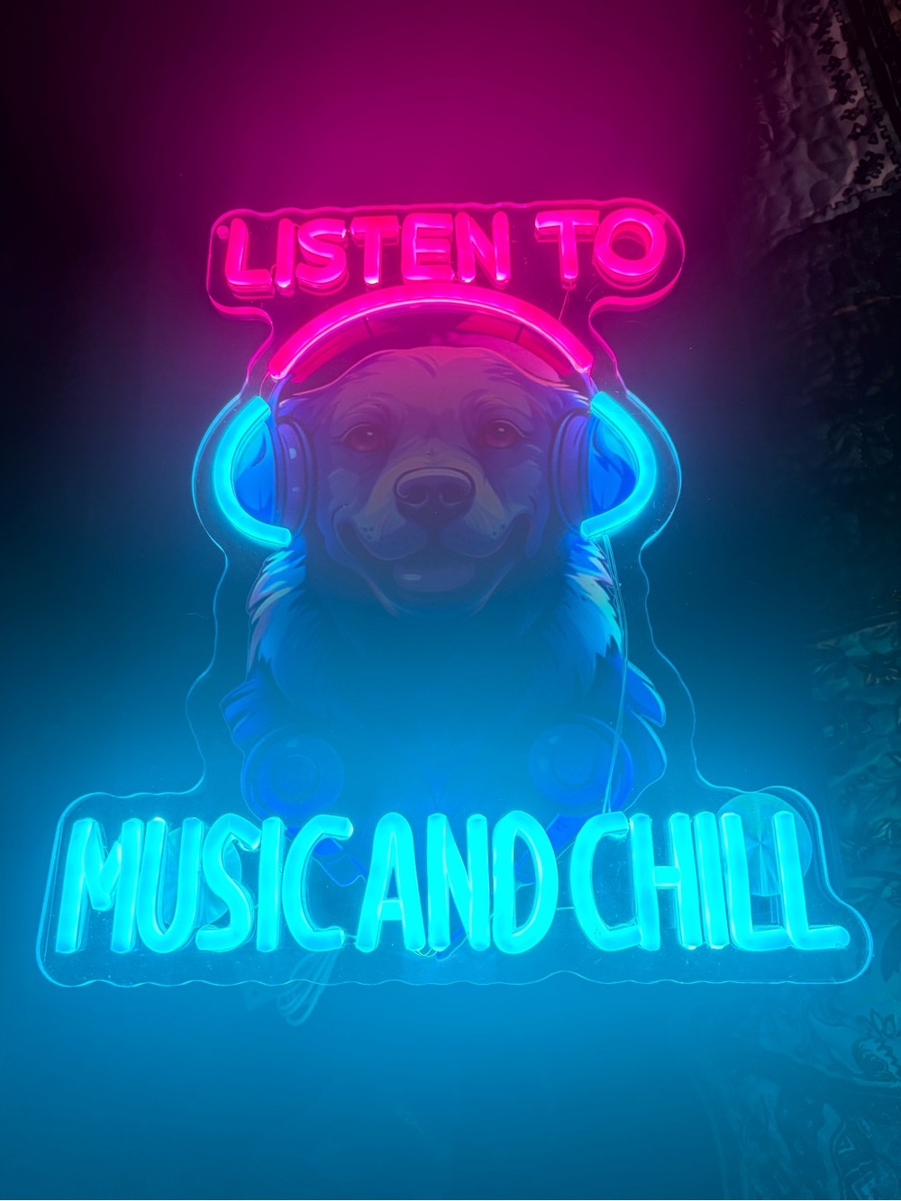 Blue Neon Dog Headphones Sign - Music and Chill